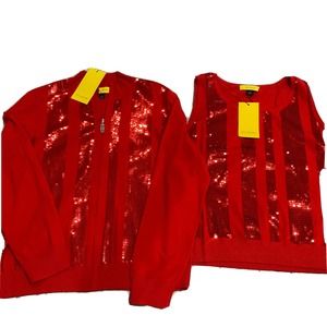 New St John Red Knit Set Cami & Sweater Sequin Zip Up Stretch Size Large
